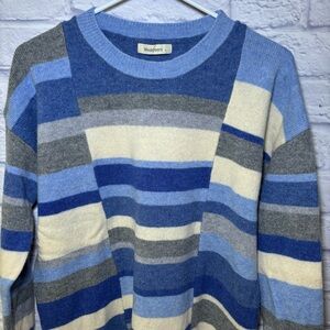 WoolOvers Sweater Large ? Womens Crew Neck Lambs Wool Blue Striped Cardigan Knit